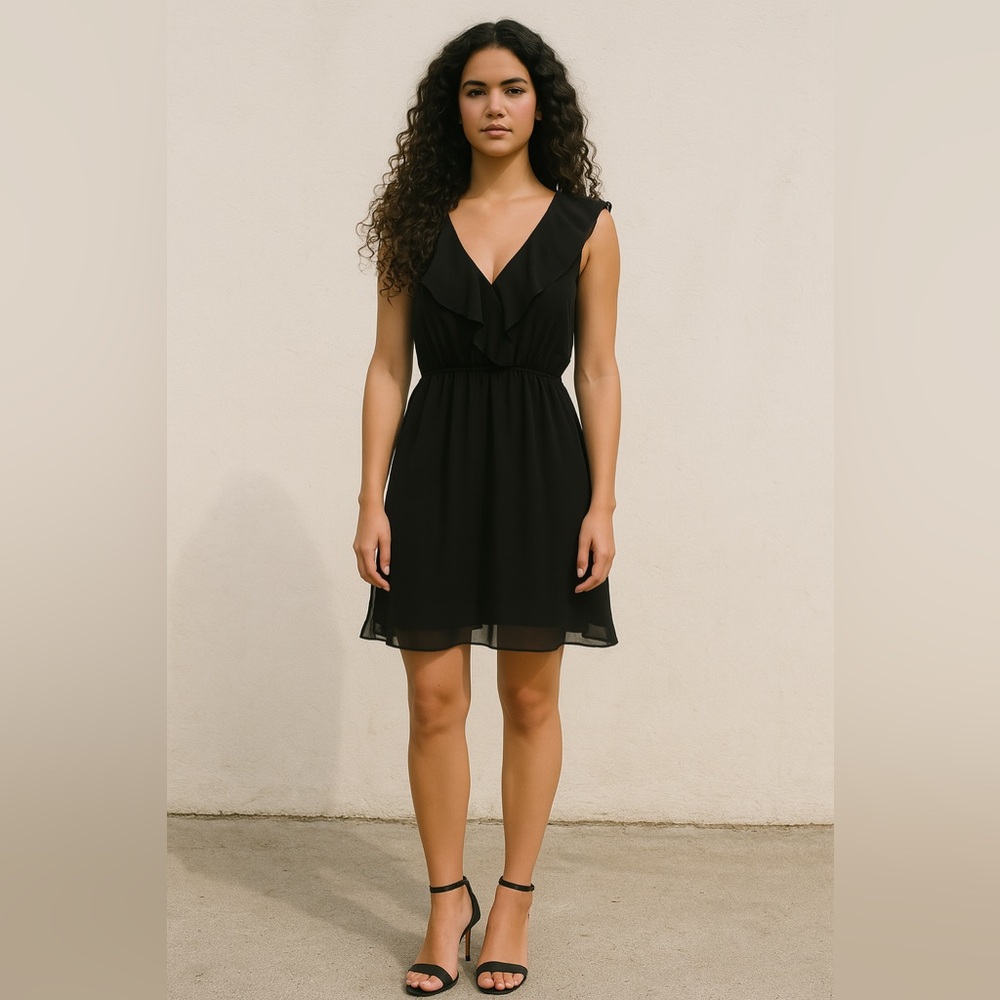 H&M Black Ruffle Chiffon Mini Dress Size 2 Sleeveless Tie Back V-Neck